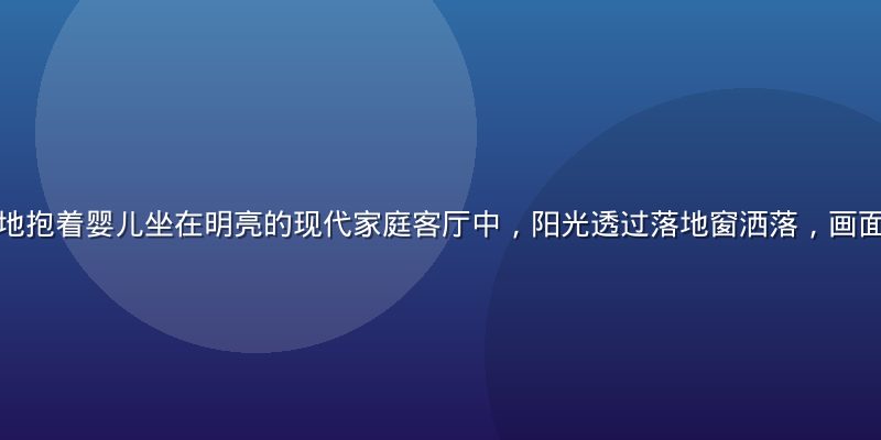 年轻的母亲温柔地抱着婴儿坐在明亮的现代家庭客厅中，阳光透过落地窗洒落，画面温暖而充满希望